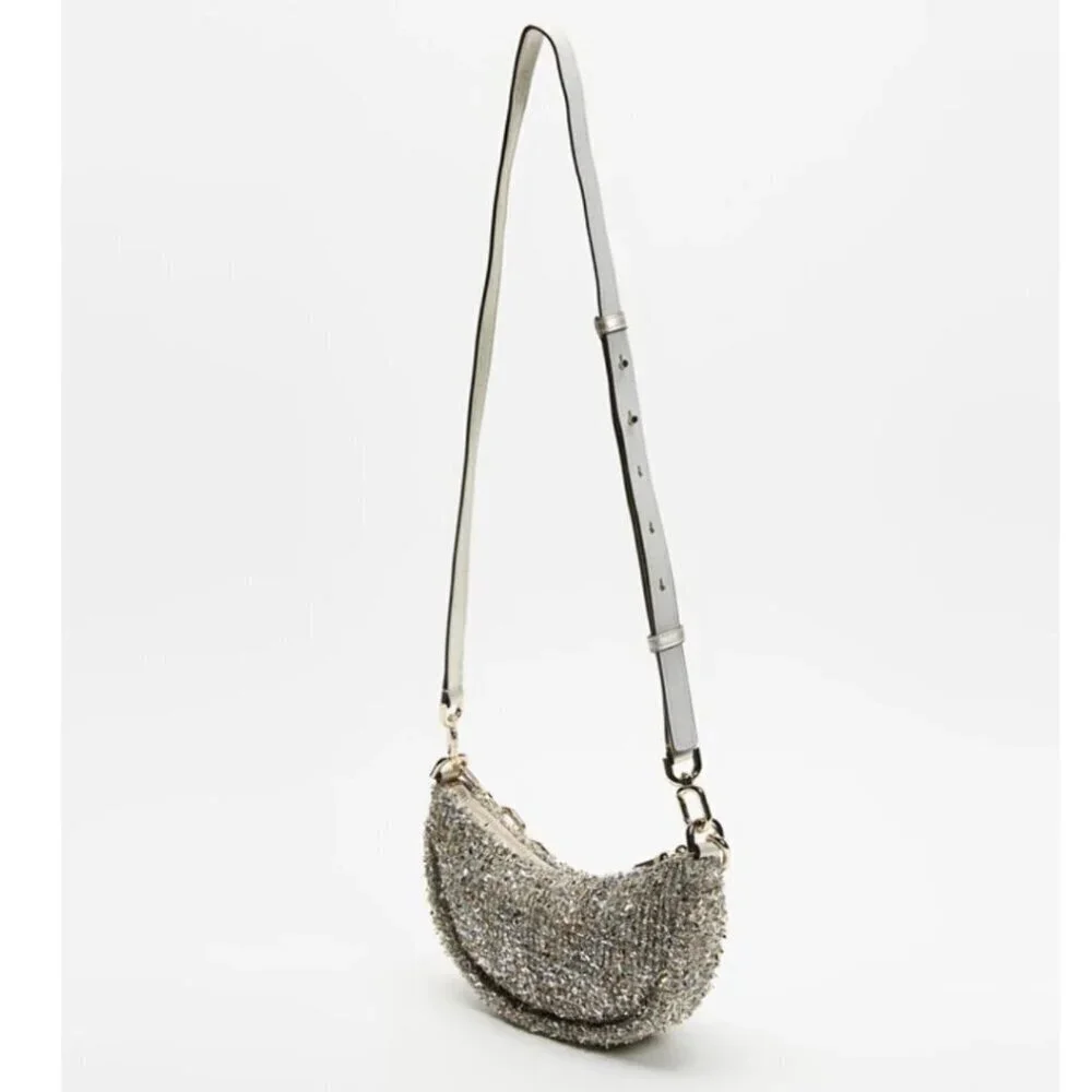 Kate Spade Smile Small Crossbody Silver Tweed Metallic Leather Chain Top Handle - Picture 10 of 12